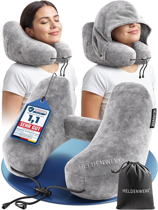 HELDENWERK Oreiller de voyage haut de gamme avec capuche – Oreiller gonflable pour la nuque et la tête – 5 positions de sommeil – Avec bouchons d'oreille et sac de rangement