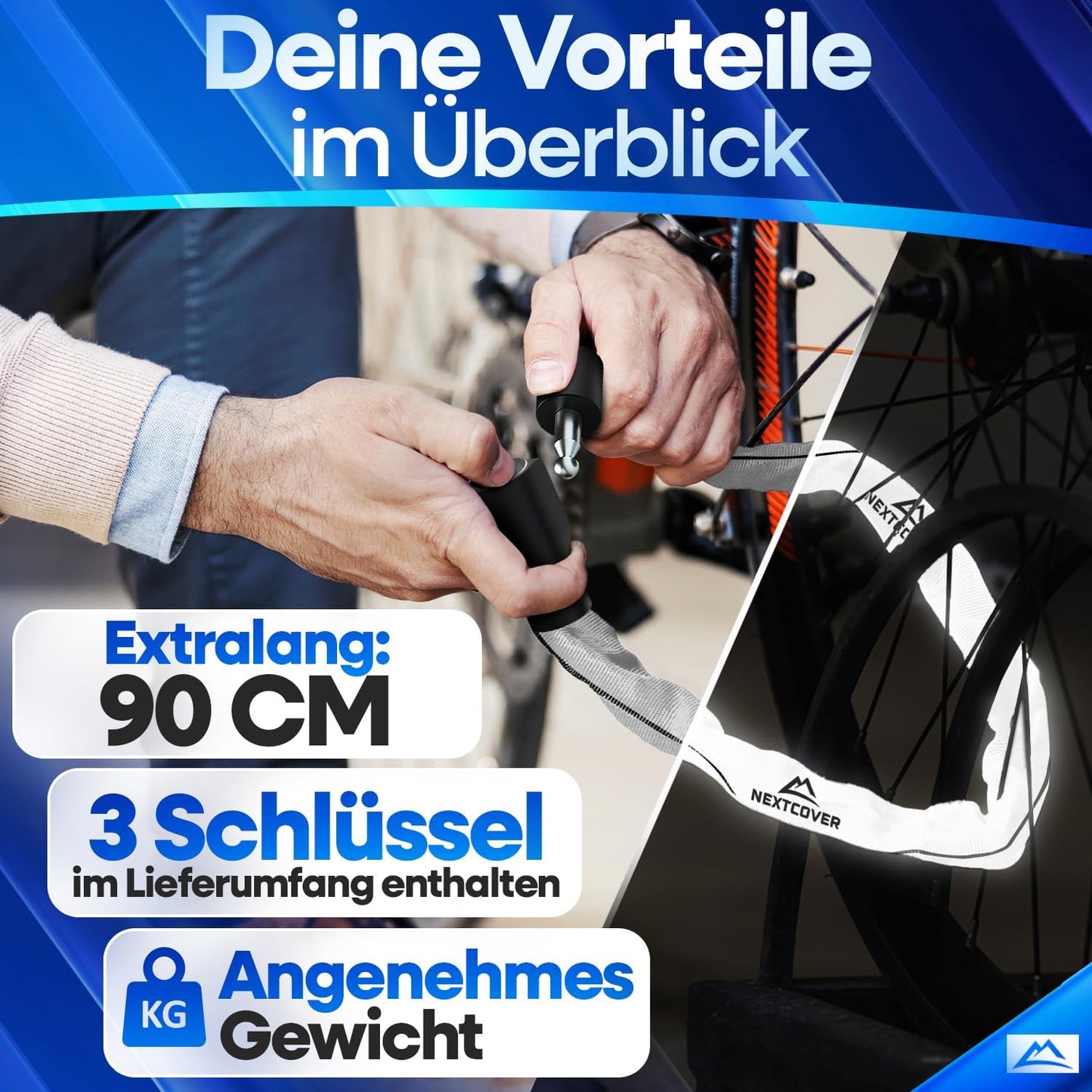 NEXTCOVER® Cadenas à vélo LockOne avec clé I - [SAFE] Cadenas à vélo haute sécurité I cadenas à chaîne robuste et durable I Cadenas à vélo, cadenas à vélo 3 clés