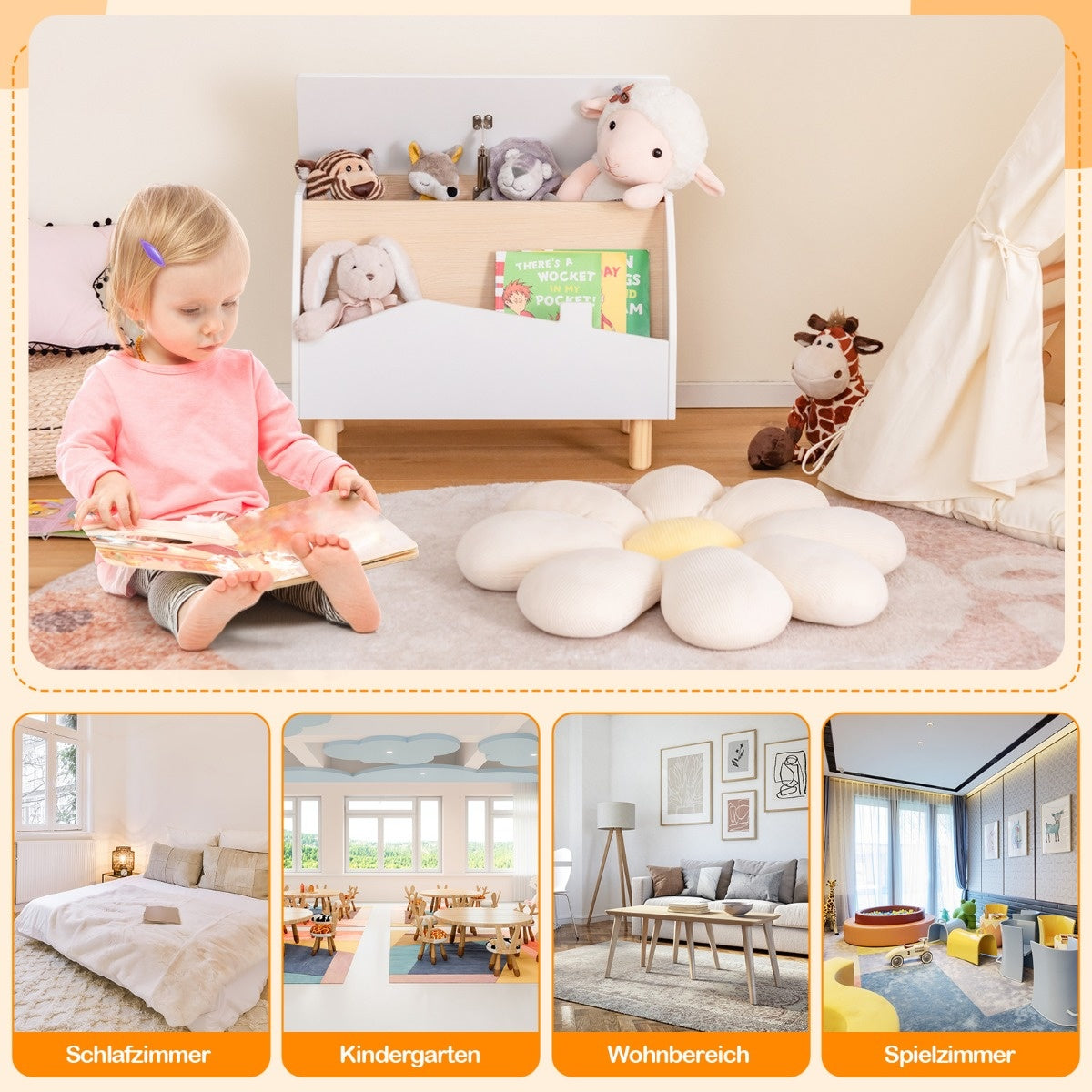 Coffre à jouets en bois avec étagère Coffre à jouets avec couvercle rabattable 60 x 30 x 44 cm blanc