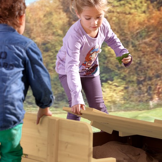 Bac à sable en bois AXI Ella XL, gris/marron - Avec bancs et couvercle - Bois certifié FSC - 120 x 120 x 20 cm - Bac à sable pour enfants