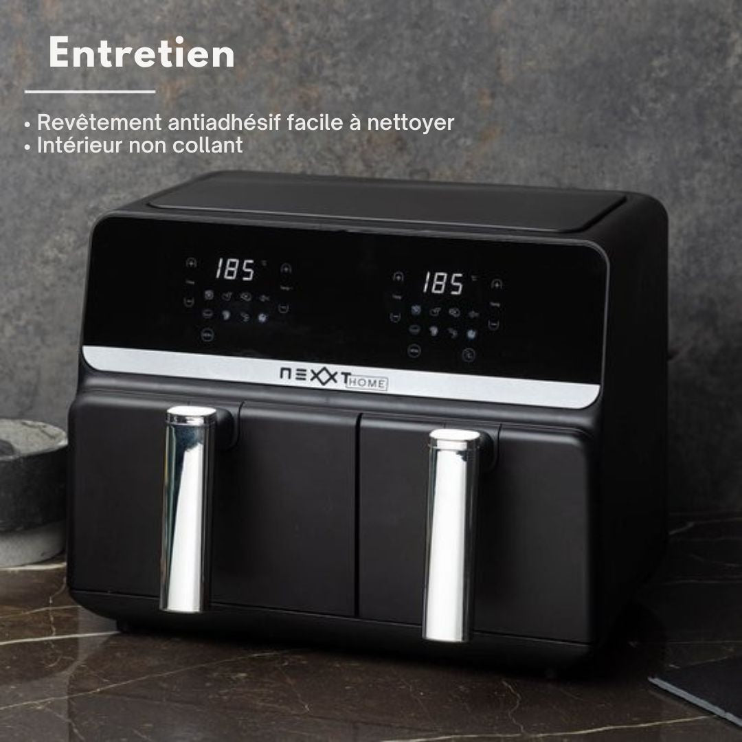 Double Airfryer XXL Nexxt Digital - Friteuse à air chaud avec écran tactile - Capacité 5,5 + 3,5 litres - 8 programmes de cuisson - Noir