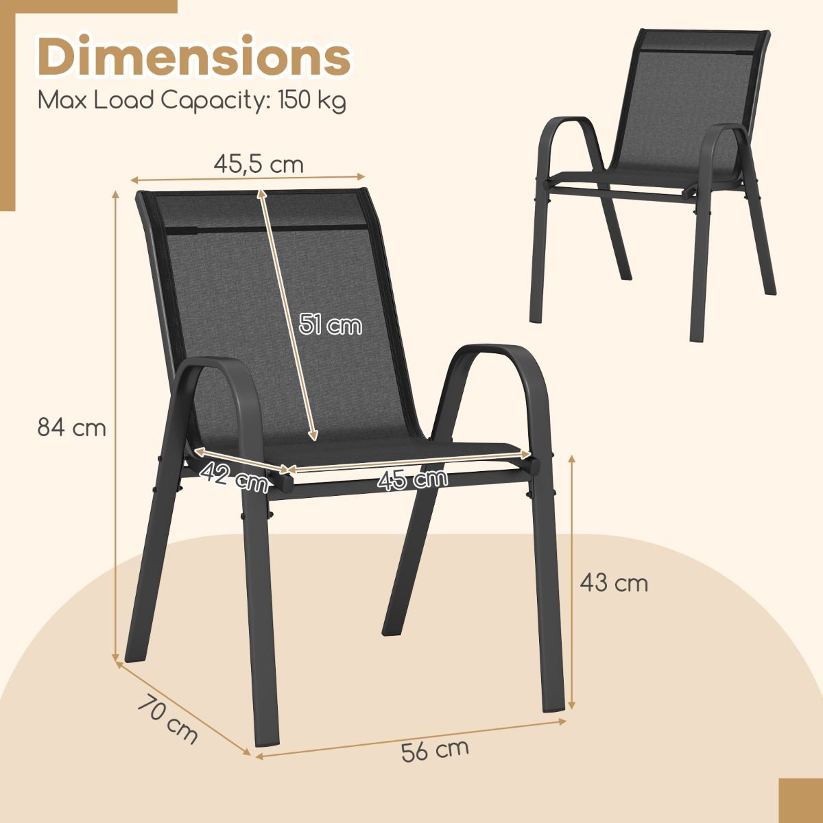 Coast Set de 2 chaises de terrasse empilables avec accoudoirs - Noir - 55 x 63 x 89 cm
