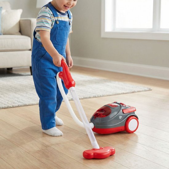 Aspirateur jouet Dirt Devil avec tuyau - avec effets sonores et particules tourbillonnantes - Jouet de nettoyage sans fil pour garçons et filles à partir de 3 ans - 88 x 15 x 12,5 cm - Rouge/Gris