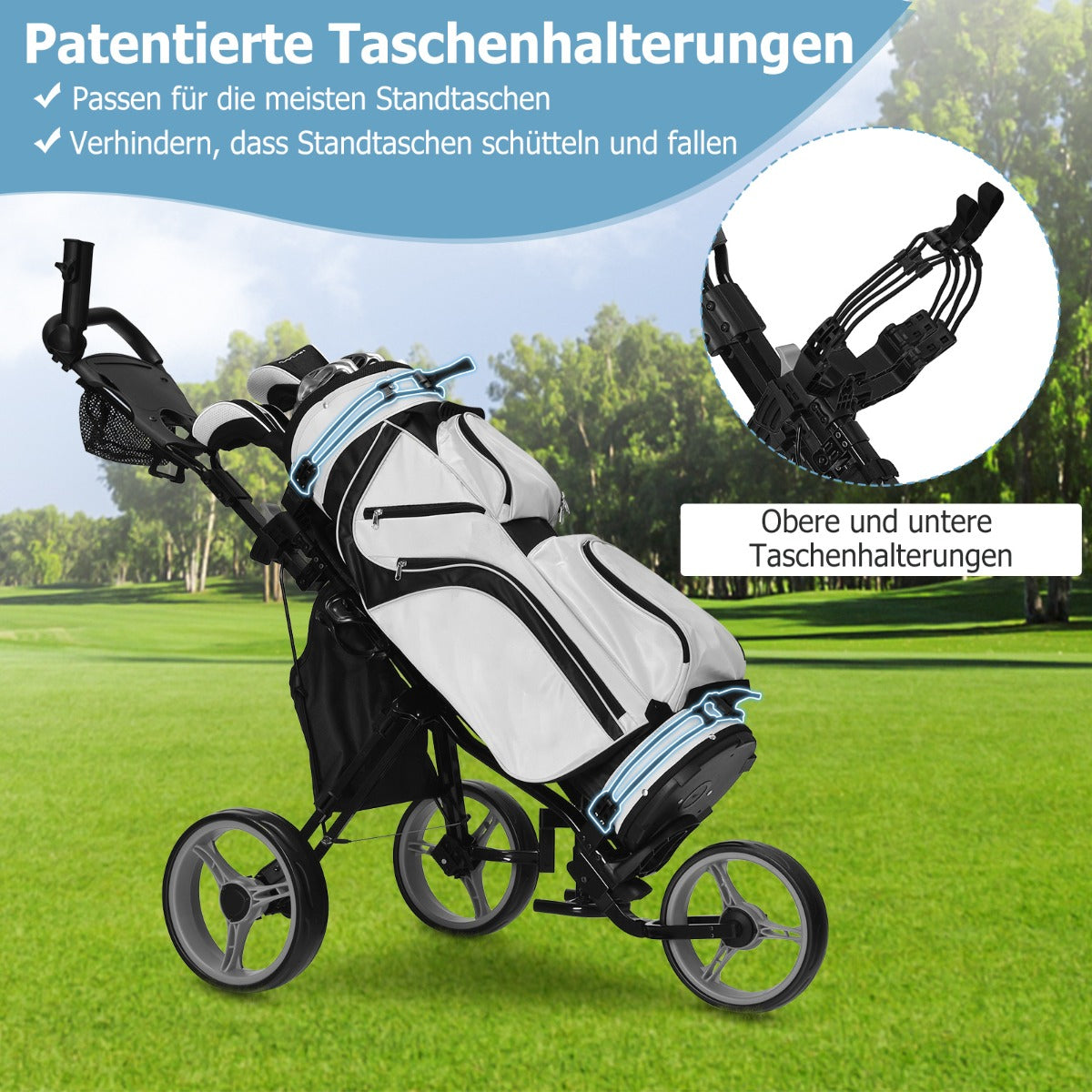 Chariot de golf Coast avec porte-parapluie et chaise - 130 x 75 x 120 cm - gris/noir