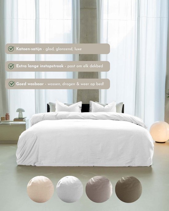 Housse de couette Kayori Emma en satin de coton - 140 x 200-220 + 1 taie d'oreiller - Lit simple - Blanc cassé