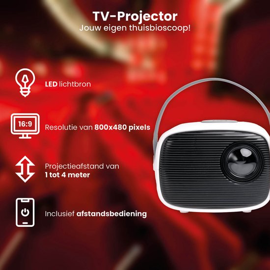 QLT TV Projector - Mini Beamer avec source lumineuse LED - Résolution 800 x 480 Pixels - 16:9 - Distance de projection 1 à 4 mètres - Avec télécommande - Blanc