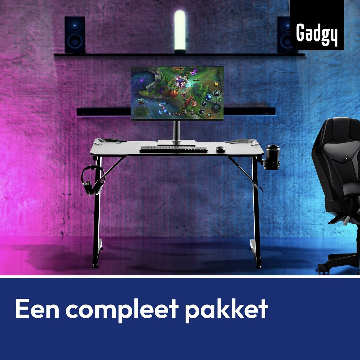 Gadgy Game Desk Carbon - Gaming Desk 110 CM Wide - Gaming Desk with Carbon Details - Gaming Table with Headphone Holder, Cup Holder & Cable Tunnel - Level Up Gaming with Gadgy - Black Carbon