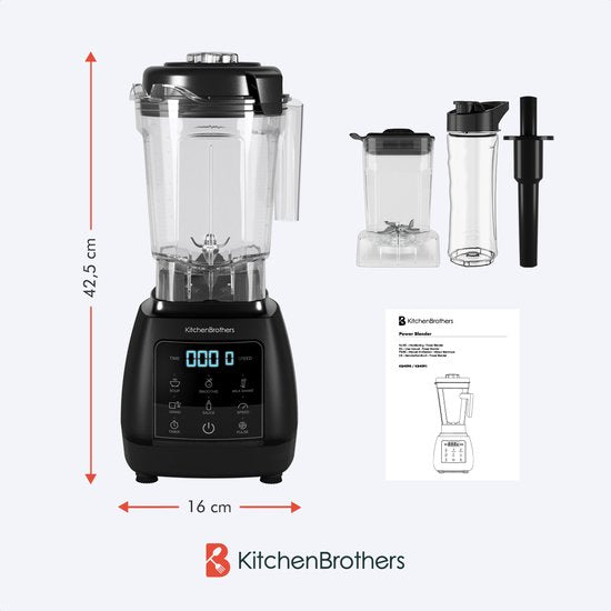 KitchenBrothers 2-in-1 Power Blender - 1600W - 2L - Ensemble complet avec hachoir et gobelet - Smoothie Maker - Ice Crusher - Noir