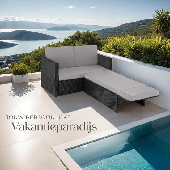 tectake® - Canapé en osier, fauteuil de jardin, chaise longue - ensemble canapé - fauteuil 2 places avec tabouret et fonction de couchage, petit canapé en osier comme meuble de jardin extérieur, pour salon, balcon et jardin, pliable avec coussins - noir
