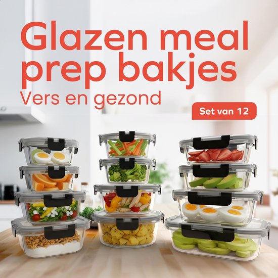 KitchenBrothers Meal Prep Trays Set - Glass Food Storage Trays - Airtight - BPA Free - Freezer Trays - Storage Trays - 6.79L - Glass - 12 Pieces