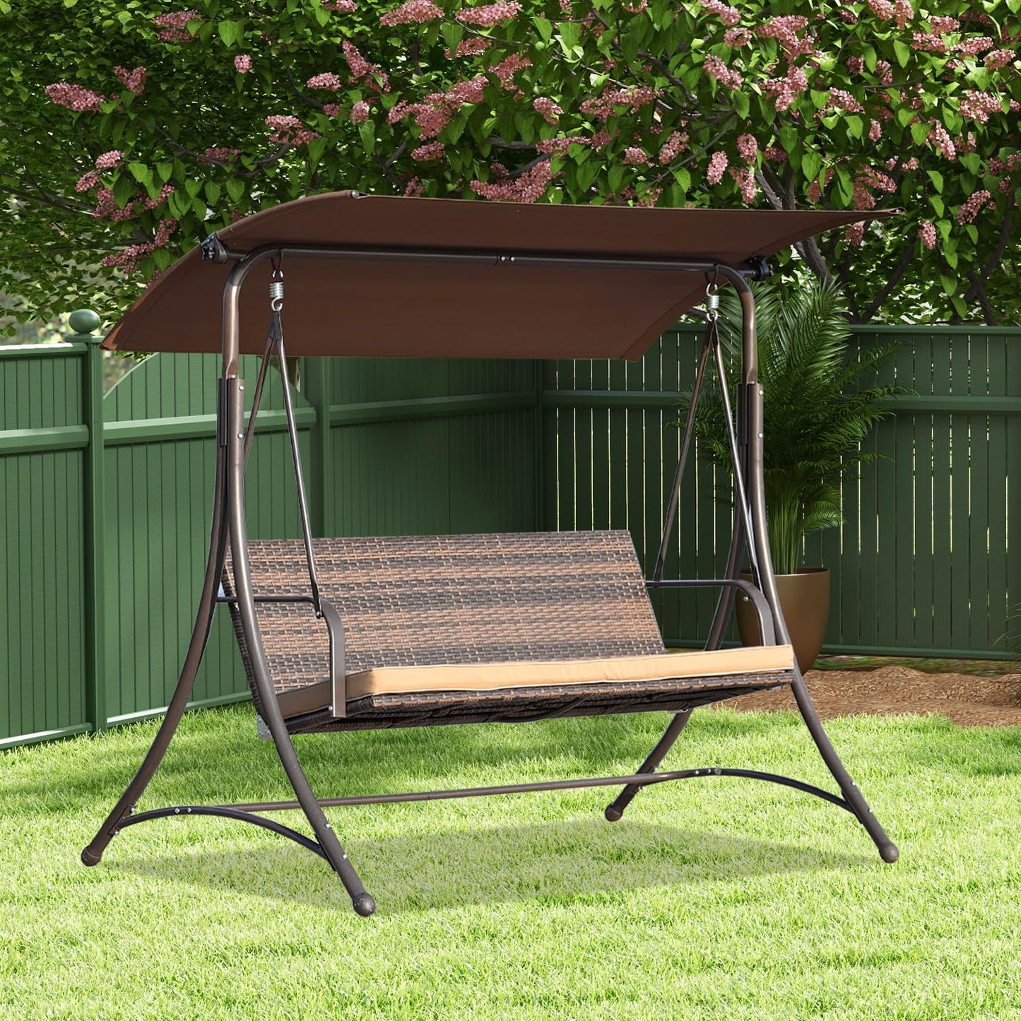 Angel Living - Balançoire Hollywood - Balançoire de jardin en rotin 3 places - Auvent réglable - Marron - 170 x 110 x 152 cm