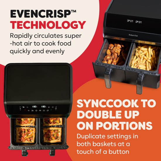 Instant Pot Vortex Dual Drawer 8L Airfryer – Friteuse à air chaud double avec 2 tiroirs de 4 L – SyncCook™ & SyncFinish™ – ClearCook – 8-en-1 – Jusqu'à 205 °C – Lavable au lave-vaisselle