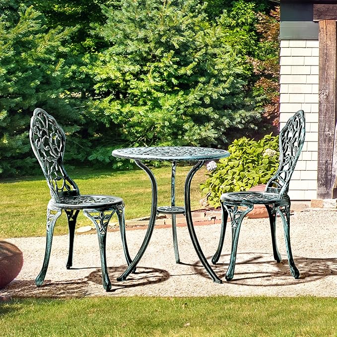Ensemble de bistrot Yaheetech 3 pièces – Vert – Ensemble de jardin en métal comprenant 2 chaises et une table