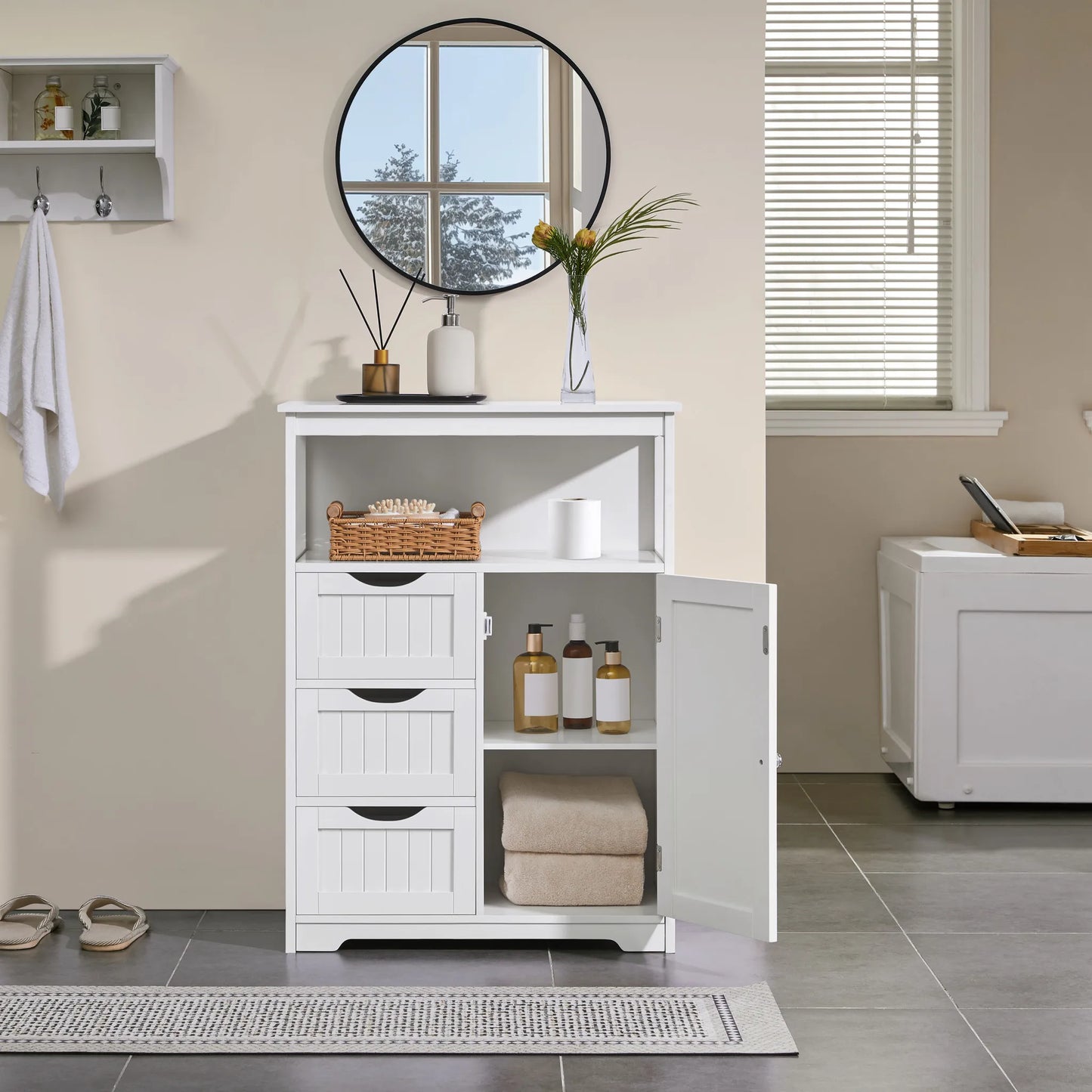 Yaheetech Armoire de salle de bain avec 3 tiroirs - Comprend une étagère réglable et un rangement ouvert ainsi que des accessoires en métal - Pour la salle de bain, le salon et la chambre - Mdf blanc et métal - 66 x 35 x 90 cm