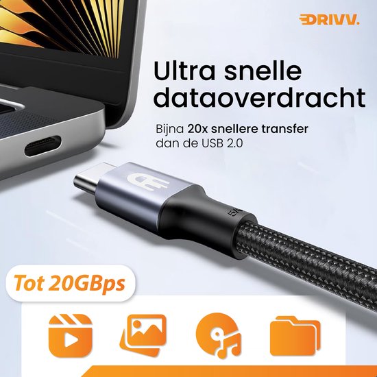 Drivv. Câble d'extension USB C 3.2 - mâle vers femelle - Charge rapide - Câble de données et de charge USB C - 3 mètres - Convient à Samsung, iPhone 15 et autres - Gris