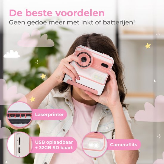 Nuvance - Caméra pour enfants - Caméra jouet pour enfants - avec carte SD de 32 Go - Photo et vidéo - Imprimante photo - Caméra numérique pour enfants - Caméras pour enfants - Rose