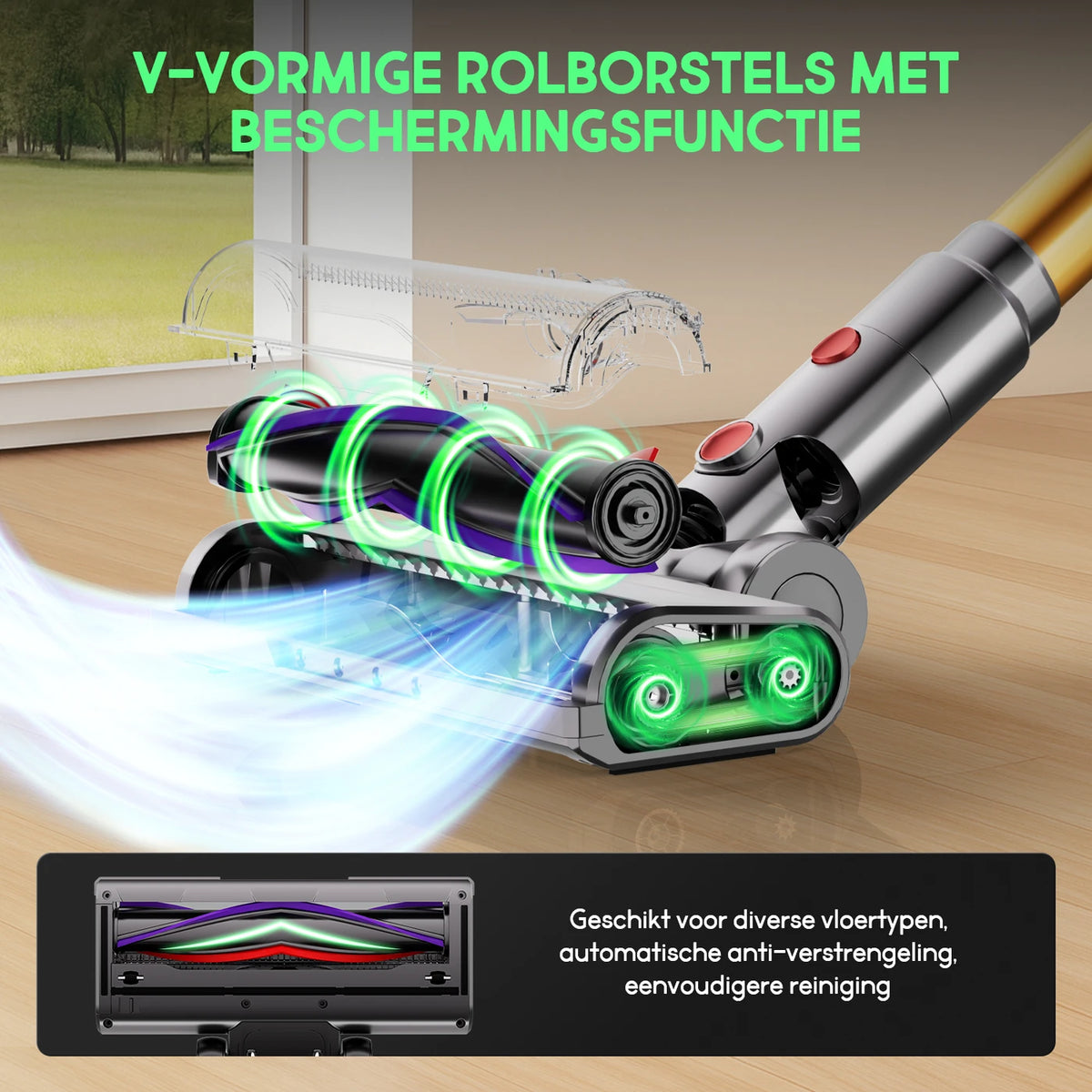 Aspirateur balai sans fil Daynee 65 kPa - Jusqu'à 70 minutes d'autonomie - Brosse anti-bouloches avec LED - Idéal pour les poils d'animaux - Or