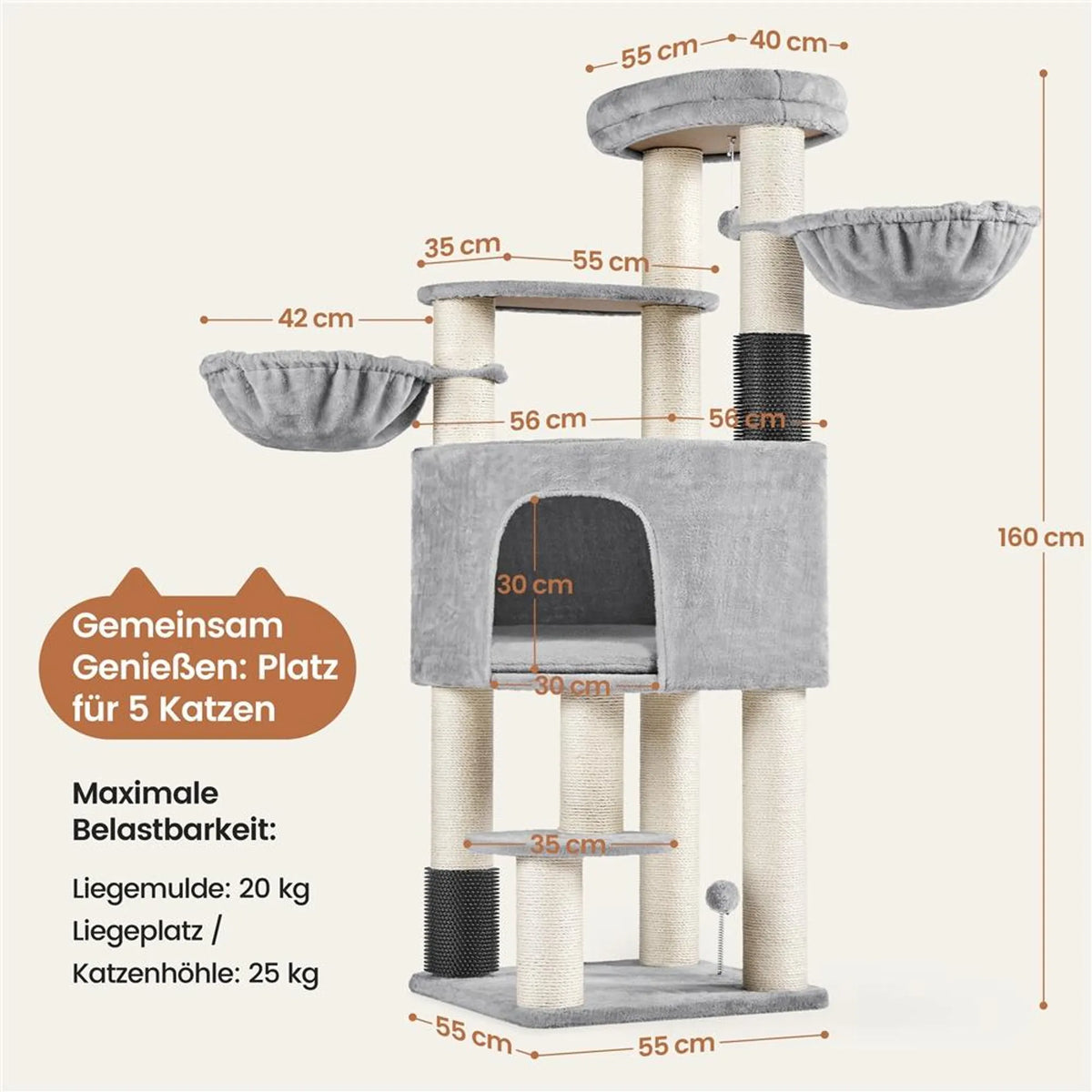 Arbre à chat Yaheetech, 160 cm de haut - tiges en sisal de ⌀11 cm, plateformes et niches pour chats - gris clair et beige
