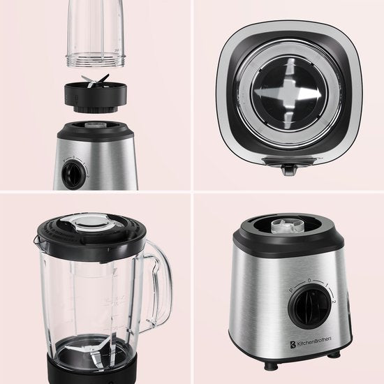 KitchenBrothers Blender - Set complet - 2x 750ml Bowl - Grinder - Tamper - To-Go Cups - Acier inoxydable