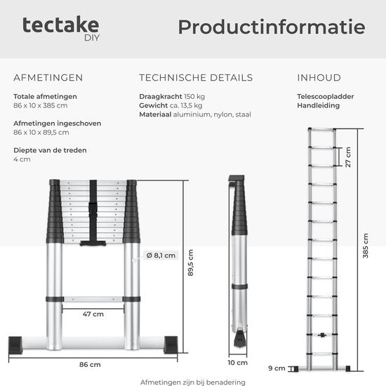 Échelle télescopique tectake® à 13 échelons - Échelle pliante - 3,85 mètres - Fermeture en douceur - Antidérapante - Échelle télescopique extensible - Échelle à marches - Échelle légère en aluminium - Verrouillage fiable