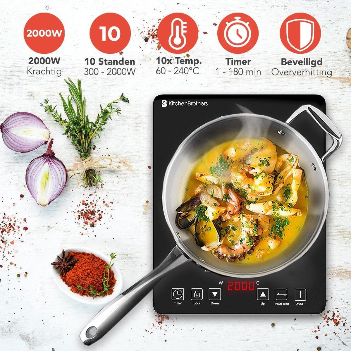 Table de cuisson - KitchenBrothers - Induction - 1 brûleur - pose libre - 2000W - Noir