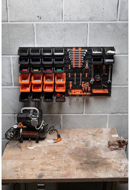 BLACK+DECKER Panneau à outils avec bacs de rangement et crochets - 98 x 23 x 43 cm - 43 pièces - Panneau mural à outils