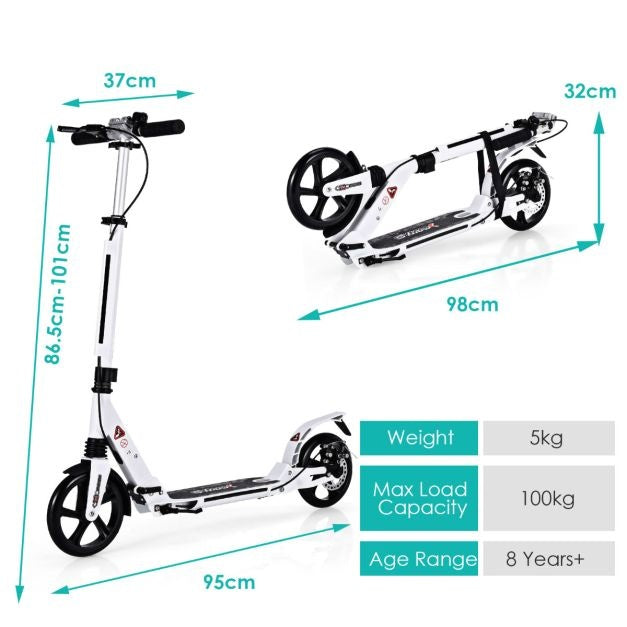 Trottinette pliable Coast avec sonnette et sangle de transport - Réglable en hauteur - Blanc