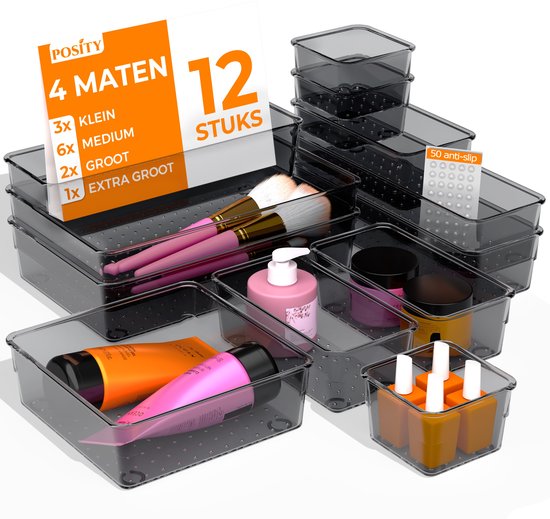 Posity Organisateur de tiroirs - 12 pièces - Plateaux d'organisation - Plateaux de tiroirs - Plateaux de stockage - Organisateur de maquillage - Pour la cuisine, la salle de bain et le bureau - Plastique - Transparent