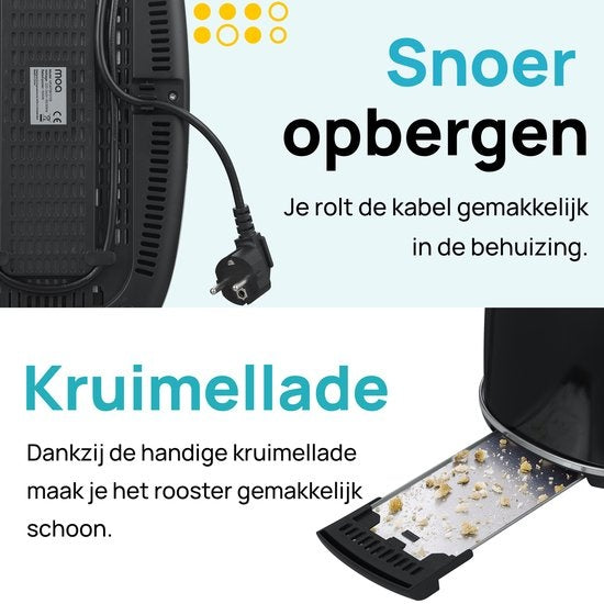 MOA Retro Toaster XL - 6 niveaux de chaleur - 4 sandwichs simultanés - 1500W - Fonction de réchauffage et de décongélation - Noir - T5B