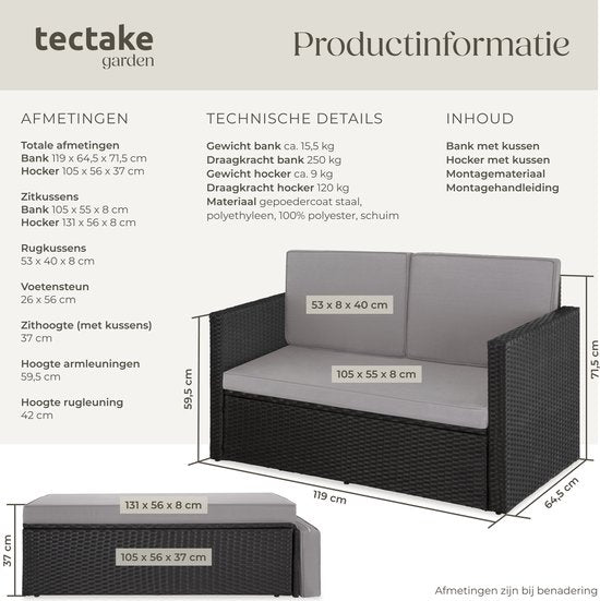tectake® - Canapé en osier, fauteuil de jardin, chaise longue - ensemble canapé - fauteuil 2 places avec tabouret et fonction de couchage, petit canapé en osier comme meuble de jardin extérieur, pour salon, balcon et jardin, pliable avec coussins - noir