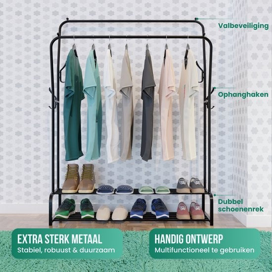 Avalo Industrial Clothes Rack Double Rod - Metal - 110x33x150 CM - Black - Storage For Shoes - Wardrobe Rack With Hooks
