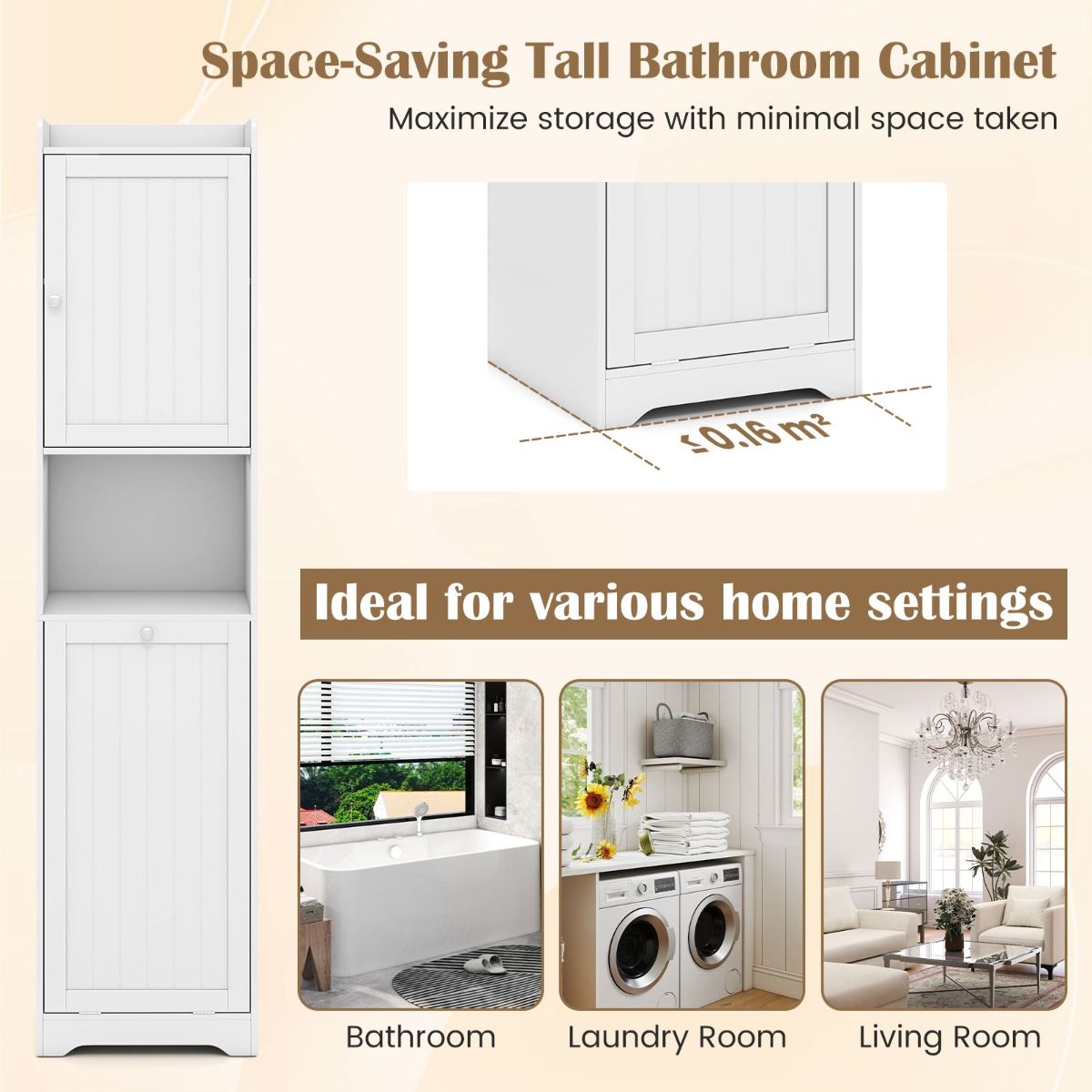 Armoire de salle de bains Coast avec panier à linge - armoire de rangement haute et étroite - étagère réglable - blanche 170 cm