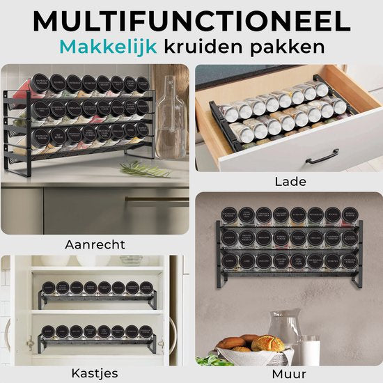 Soothe Spice Rack Standing and Hanging for 24 Spice Jars - 3 Layers - Spice Organiser - Spice Rack - Noir