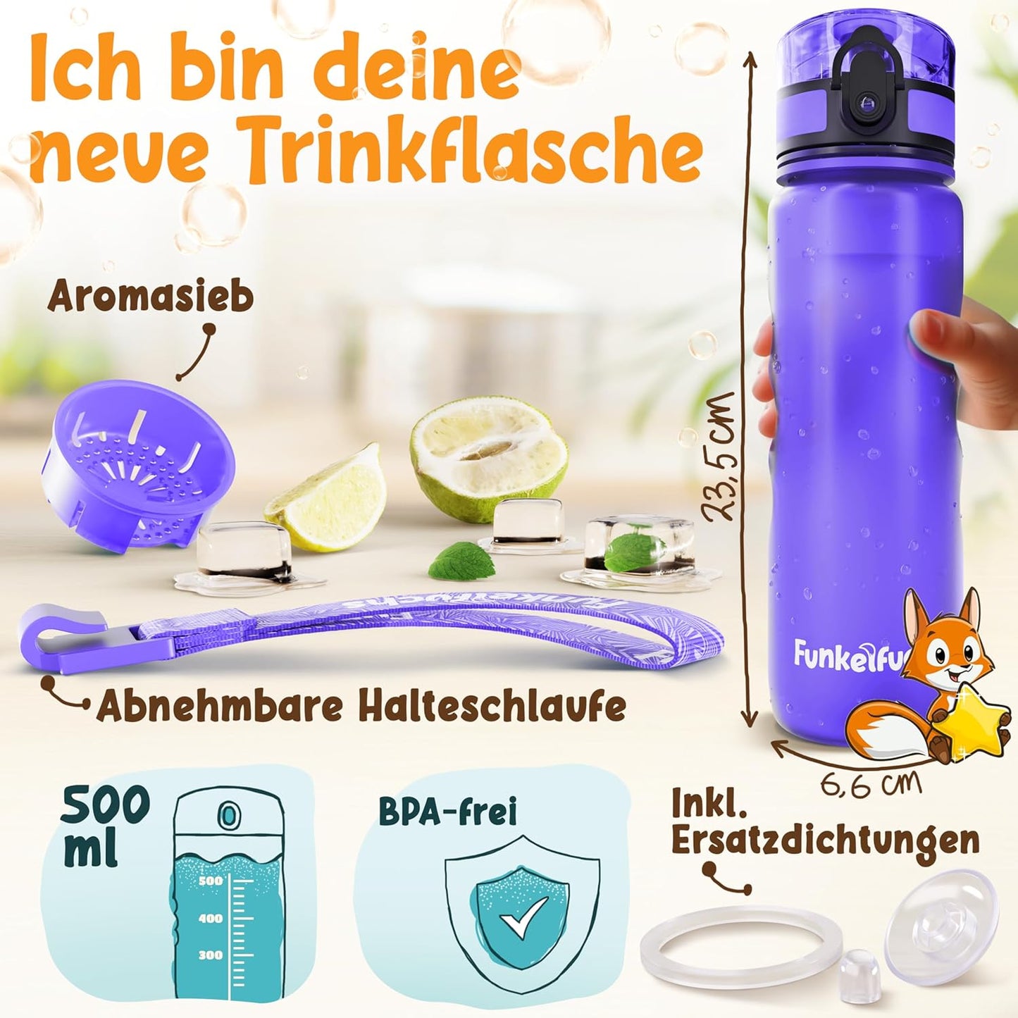 Funkelfuchs® gourde pour enfants - 500ml, violet - gazeuse - 100% étanche - bouteille d'eau lavable au lave-vaisselle - pour la maternelle, l'inscription à l'école, l'école, le sport