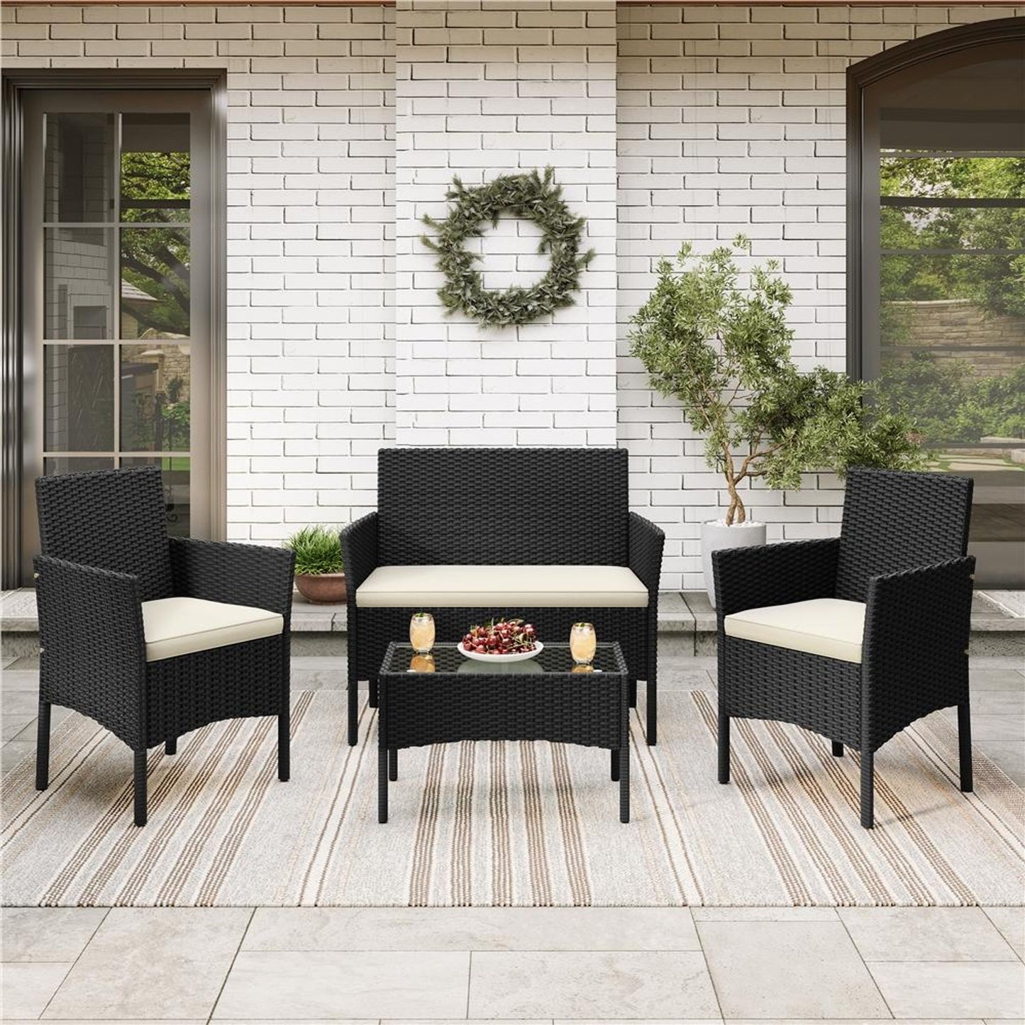Ensemble de salon Yaheetech en rotin, 4 pièces - Table, 2 chaises et canapé 2 places - Coussins résistants aux intempéries - Noir et beige - 106 x 58 x 80 cm
