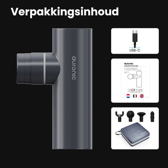 Auronic Massage Gun - Appareil de massage - Professionnel - 4 accessoires et étui - Pistolet de massage - Corps entier - Gris