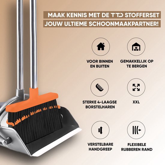 TTD® Pelle et brosse avec long manche XXL - réglable 54-263 cm - balai - manche de balai - gris et orange - pelle et brosse - poubelle pour l'intérieur et l'extérieur - dents de nettoyage intégrées