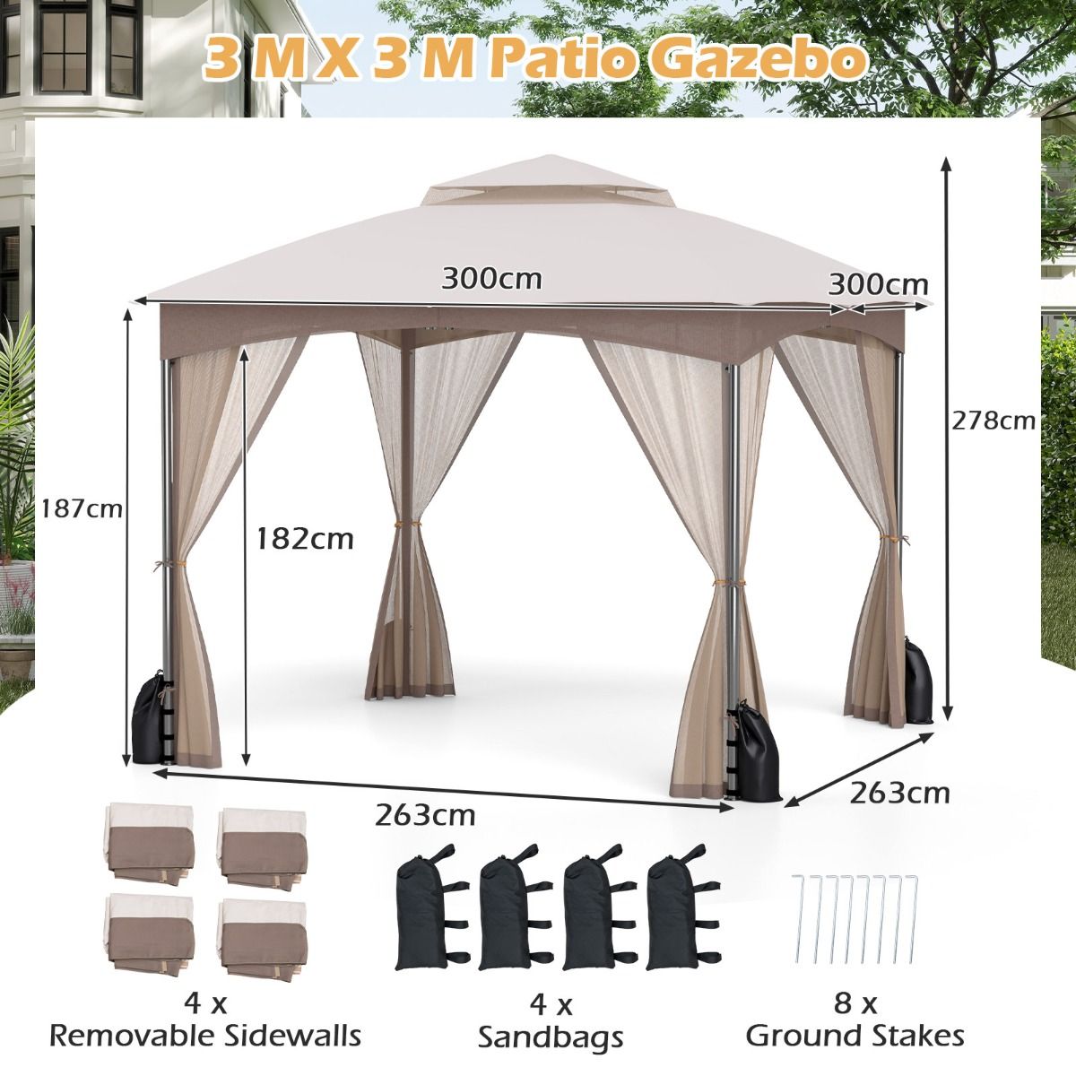 Pavillon de jardin Coast - double toit - moustiquaire et sacs de sable - kaki 3 x 3 m