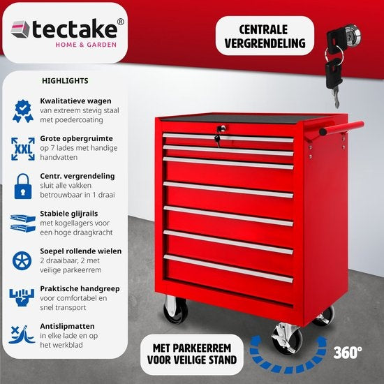tectake® - Chariot à outils avec 7 tiroirs - chariot d'atelier, atelier mobile, chariot à outils vide, boîte à outils, 7 tiroirs, 69 x 33 x 79 cm, roues avec frein, incl. 2 clés - rouge