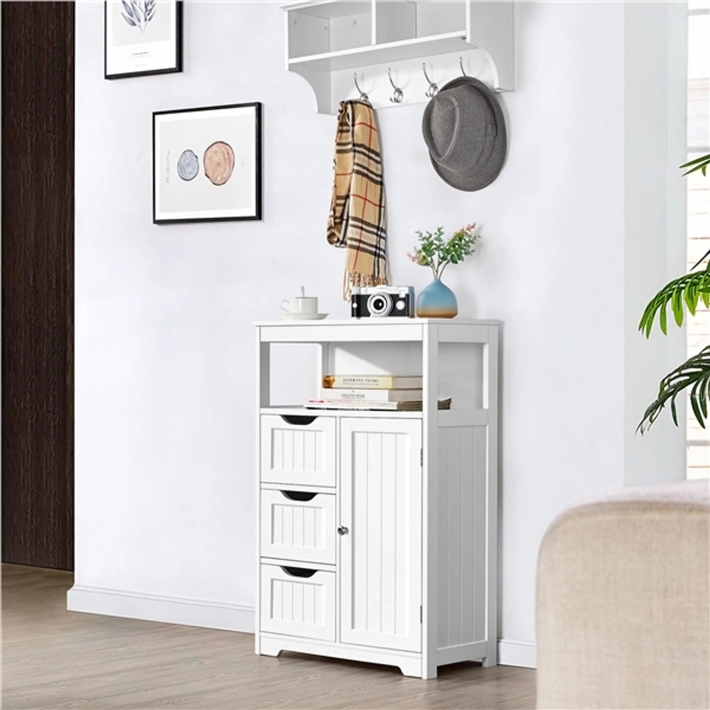 Yaheetech Meuble de salle de bain blanc - 3 tiroirs et meuble avec étagère réglable et rangement ouvert - Pour salon et chambre - Mdf blanc et métal - 55.5 x 29.5 x 86.5 cm
