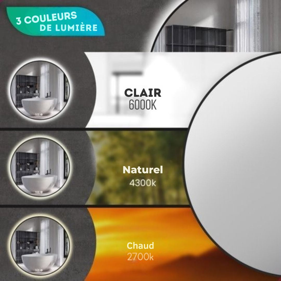 Miroir de salle de bain Mirlux - Eclairage et chauffage LED - Anti condensation - mural rond - 80CM - Noir mat