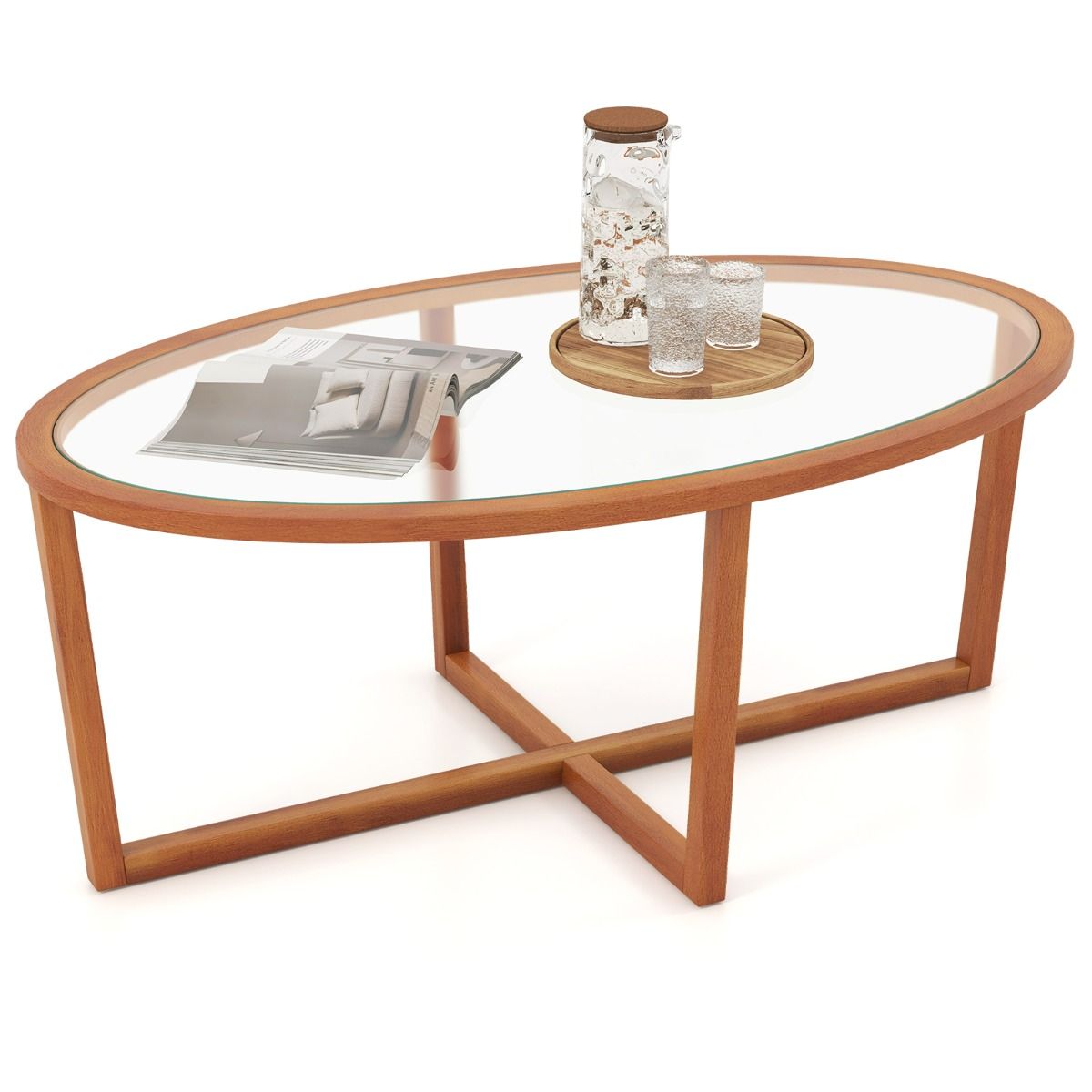 Table basse Coast - verre trempé ovale - piètement en croix en bois d'acacia - marron - 118 x 71,5 x 47,5 cm