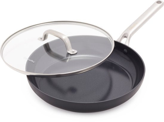 Poêle à induction en céramique Greenpan Omega avec couvercle, 30 cm - Sans PFAS - Poêle à induction - Poêle à induction - Lavable au lave-vaisselle - Résistante au four jusqu'à 200 °C - Résistante aux rayures - Empilable - Aluminium - Noir