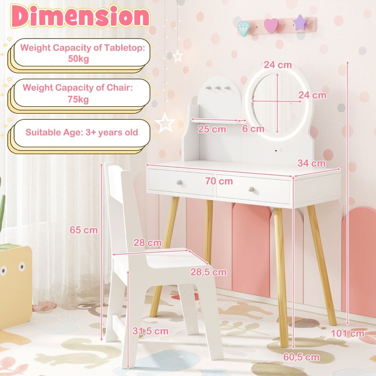 Ensemble de coiffeuse pour enfants Coast - miroir éclairé - espace de rangement avec tiroirs et crochets - blanc