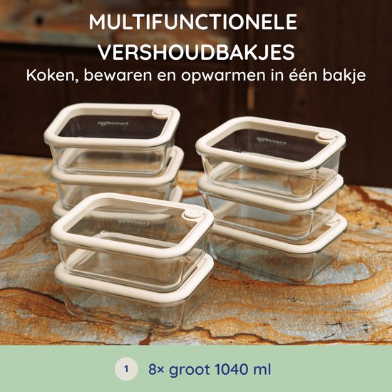 Contenants fraîcheur Safecourt - entièrement en verre (100% sans micro-plastique) - vont au four, au congélateur, au micro-ondes et au lave-vaisselle - 8x 1040ml set