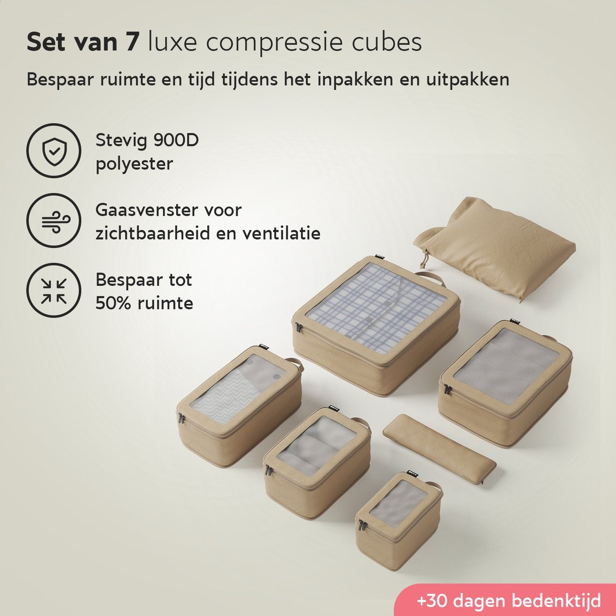 ONYX® Cubes de compression - 7 pièces - Organiseurs de bagages avec zip de compression - Pour valises et sacs - Beige