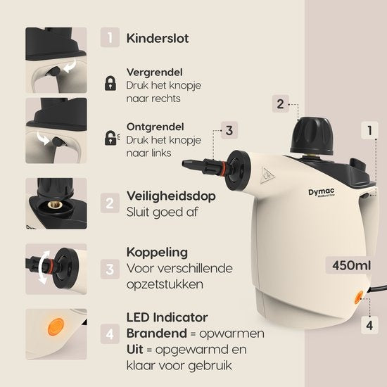 Nettoyeur vapeur portatif - Dymac - Réservoir 450 ml – 16 Accessoires – Vapeur Continue 10 min – Chauffe Rapide