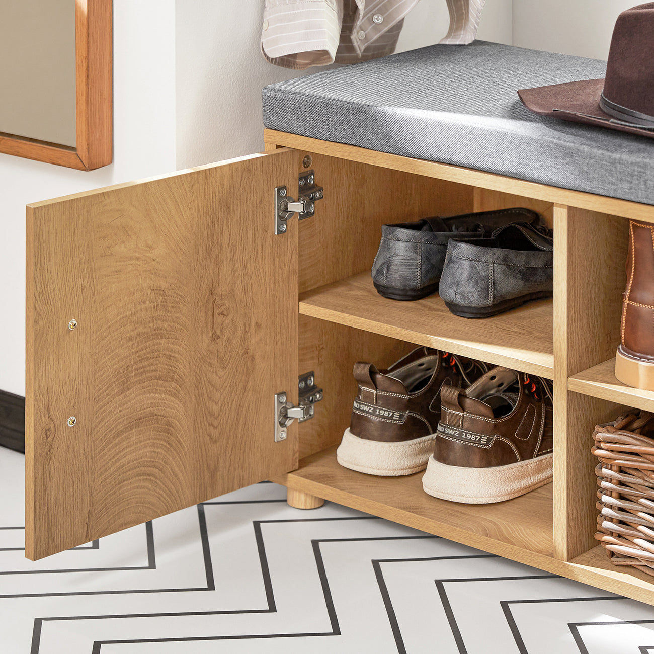 Banc à chaussures avec siège - SoBuy FSR148-N - 1 porte et 2 tiroirs - 110 x 35 x 47 cm - Brun / Gris