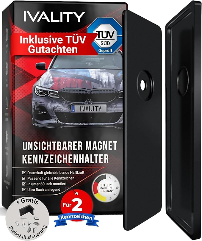 Support de plaque d'immatriculation Ivality - Sans cadre - Magnétique - Pour 2 plaques d'immatriculation - Noir