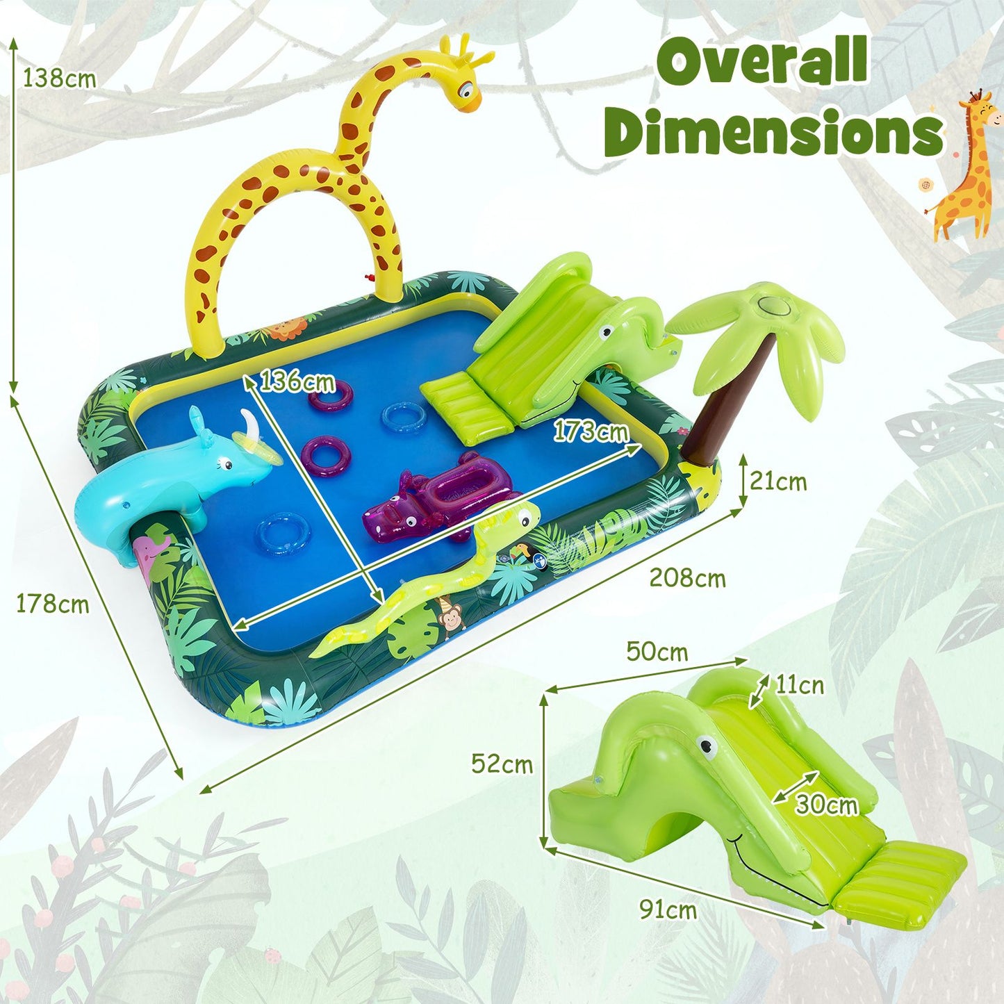 Piscine gonflable Coast « Animaux de la jungle » avec toboggan et arroseur - Jeu de lancer d'anneaux et centre de jeux aquatiques pour enfants - 208 x 178 x 138 cm - Multicolore
